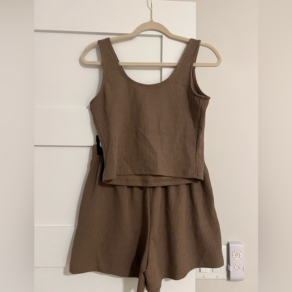 Casual Brown Ribbed Tank and Shorts Set